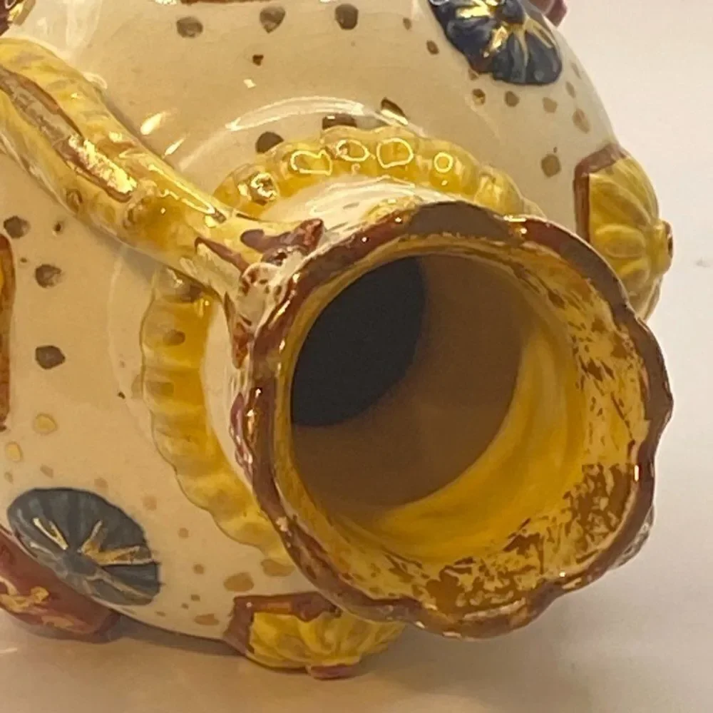 Pompeyi Bejeweled Signed Majolica Ceramic Vase Double Handle Gold Embossed